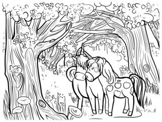 Fototapeta na wymiar A pair of fabulous unicorns graze in a dense forest in a meadow, illustration for children, coloring antistress