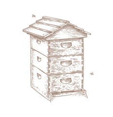 Isolated wooden bee hive and two bees - obrazy, fototapety, plakaty