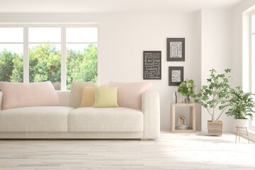 Minimalist living room in white color with sofa and summer landscape in window. Scandinavian interior design. 3D illustration