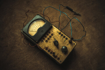 Vintage device for measuring current in the network with wires and an indicator on a wooden table...