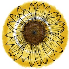 Sunflower flower, painted with a black line, watercolor paint spots