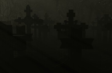 A foggy and gloomy horror cemetery 3d-rendering
