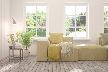 White living room with sofa and summer landscape in window. Scandinavian interior design. 3D illustration