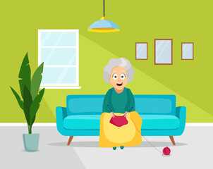 Obraz na płótnie Canvas An elderly woman is sitting on the sofa in the living room and knitting. Vector illustration.