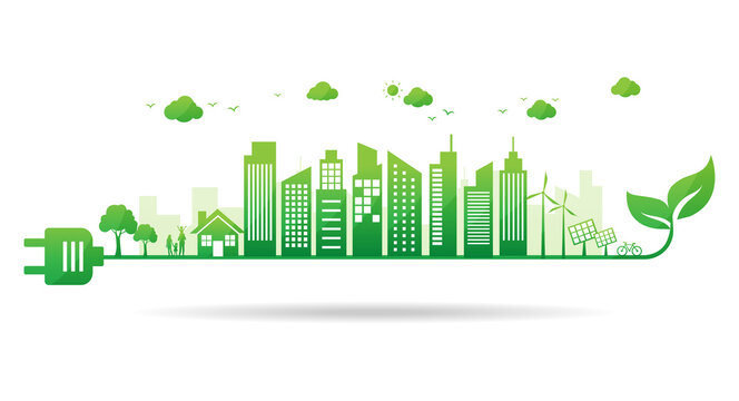 green ecology city energy plug power. city environmental sustainable. eco friendly. save nature and world concept. isolated on white background. vector illustration in flat style modern design.