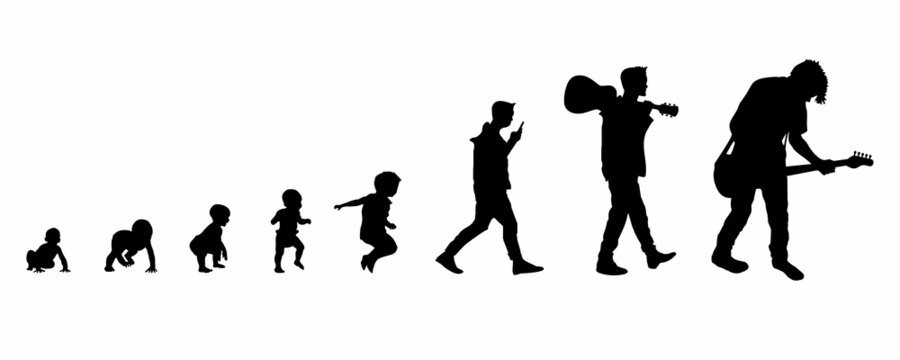The evolution of the guitarist. From toddler to child through teenager, young person and adult. Perfect for background, website banner etc. Isolated on white background.