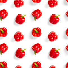 seamless pattern of bulgarian red pepper on white background. paprika wallpaper, sweet pepper print pattern, top view, flat layout, isolated.