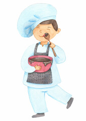 little boy confectioner licks chocolate off a spoon
