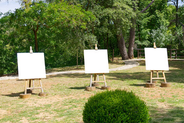 Easel with a blank white sheet of paper stands against the backdrop of a rural landscape. Isolated...