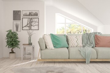 White living room with sofa. Scandinavian interior design. 3D illustration