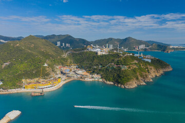 Aerial view of Aberdeen Typhoon Shelters and Ap Lei Chau Seen From mount Johnston, also known as Yuk Kwai Shan in Southern of Hong Kong