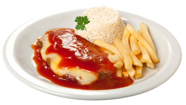 Fil&eacute; Mignon &aacute; parmegiana com queijo derretido e molho de tomate, com batatas fritas e arroz. prato executivo em fundo branco para recorte.