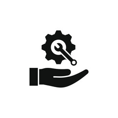 Cogwheel and wrench on hand icon flat style isolated on white background. Vector illustration