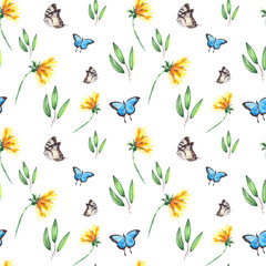 Fototapeta na wymiar Seamless pattern with eucalyptus, dandelion and colorful butterflies. Watercolor bright background for textiles, wallpaper, packaging and bed linen.