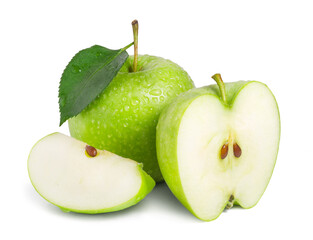 Ripe juicy green apple and half of apple isolated on white background. Fresh fruits.