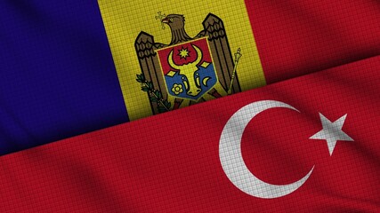 Moldova and Turkey Flags Together, Wavy Fabric, Breaking News, Political Diplomacy Crisis Concept, 3D Illustration