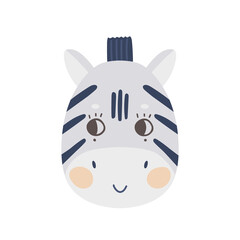 The face of a cute zebra with open eyes. The head of a funny animal. Hand drawn vector illustration for the design of baby clothes and posters