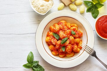 Italian Traditional Dish"Gnocchi al Pomodoro e Basilico",potato gnocchi,tomato sauce,olive oil,basil,parmesan cheeses,salt and peppers on plate with white wood table background.Top view.Copy space