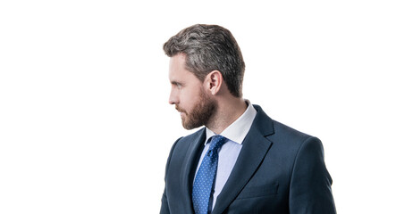 Professional man profile portrait in business formawear isolated on white copy space, manager