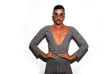 Male drag queen diva with makeup posing on white background