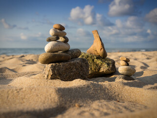 Balancing stones on the beach in Svetlogorsk, Russia