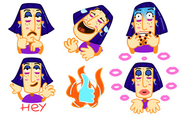 Cheerful stickers with a blue-haired fashionable girl on a white background. In the set: like, laughter, fear, coquetry, kisses. Fascinating and mysterious healer in vector format for printing.