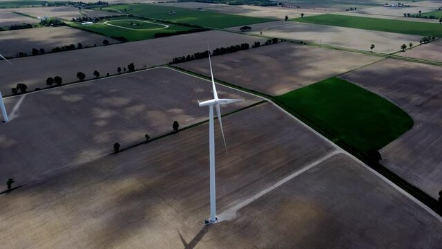 Renewable energy being generated by wind turbines on farmland creating sustainable electricity