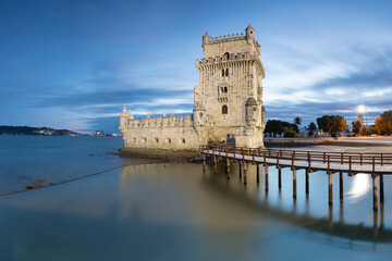 View of the iconic Belem Tower (Torre de Belem) in the bank of the Tagus River, in the city of Lisbon, Portugal. Unesco world heritage. 