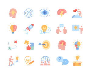 Colorful collection of stickers of successful team. Icons on business topics with metaphor of ideas, achievements and goals. Cartoon line art flat vector collection isolated on white background
