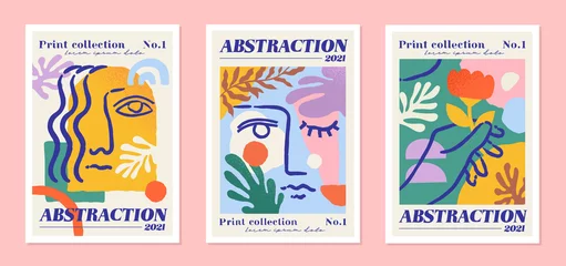  Abstract collection of postcards. Set of posters with geometric shapes, boho style girls faces, flowers. Design elements for site and wall decoration. Modern vector collage isolated on pink background © Rudzhan
