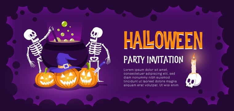 Halloween party invitation with pumpkins witch cauldron and skeletons. Halloween flyer template. Vector illustration.