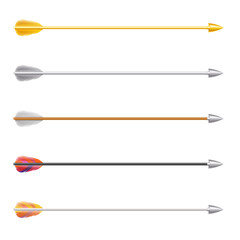 Set of Medieval Bow Arrows on White Background. Colorful Bright Decorative Cartoon Arrows for Poster Elements, Label, Sign, or Emblem