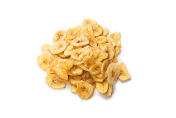 Banana chips isolated on a white background. Dehydrated banana.