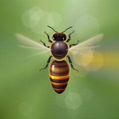 Realistic Honey Bee in Flight. Detailed Illustration of a Worker Bee on Green Defocused Background. Macro Insect, Concept of Food Industry, or Beekeeping