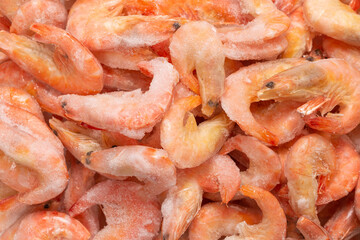 Fresh shrimps in ice. Top view.