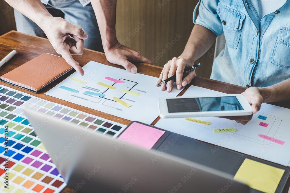 Sticker team of creative web/graphic designer planning, drawing website ux app for mobile phone application 