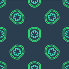 Line Medical shield with cross icon isolated seamless pattern on blue background. Protection, safety, password security. Vector