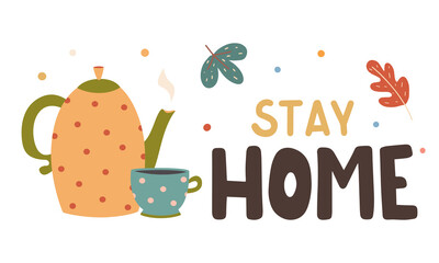 Autumn love colorful lettering composition with teapot and mug vector flat illustration. Cozy hand drawn composition