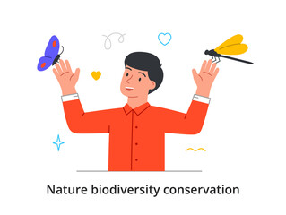 Conservation of insects, animals and plants. Man takes care of butterflies, dragonflies and other insect. Love for planet and environment. Cartoon flat vector illustration isolated on white background