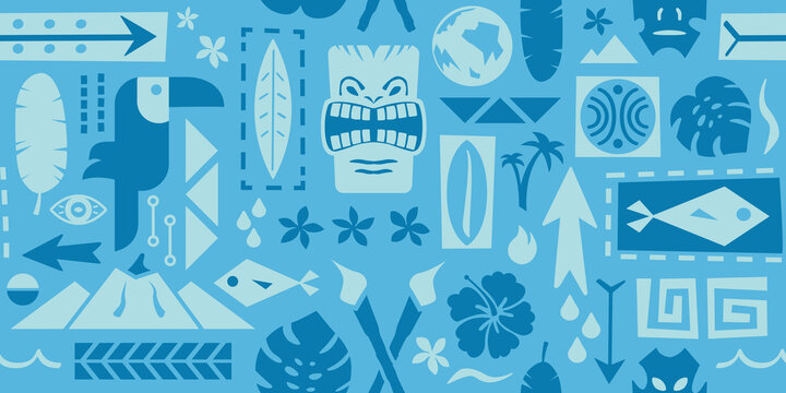 Repeating Tiki Pattern | Seamless Polynesian Wallpaper | Tropical Background Design | Vector Island Icons and Symbols | Hawaiian Design | Shirt Fabric Layout