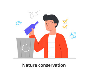 Sorting and recycling of waste concept. Man throws glass bottle into special garbage container. Saving exhausted resources. Cartoon modern flat vector illustration isolated on white background