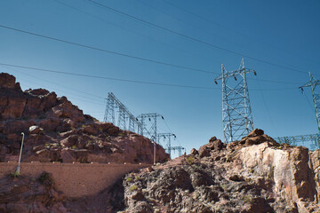 Power lines along the mountains around the Hoover Dam, Nevada, USA
