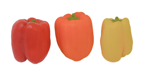 three sweet peppers of yellow, red and orange colors isolated on a white background