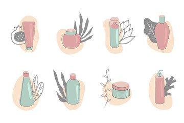 Collection of skincare products with floral elements. Set of different tubes and bottles with cleansers, lotions, moisturizers, serums. Flat vector illustration