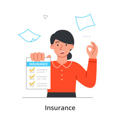 Employee of insurance company. Woman holds in hand list with various insurance directions. Minimization of risks and compensation of damages. Cartoon flat vector illustration on white background