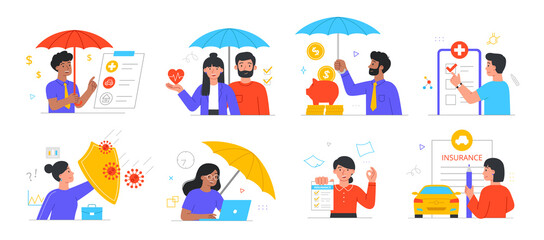Fototapeta premium Accident insurance concept set. Male and female protect property, business, health, estate, car and risk. People with shield and umbrella. Cartoon flat vector collection isolated on white background