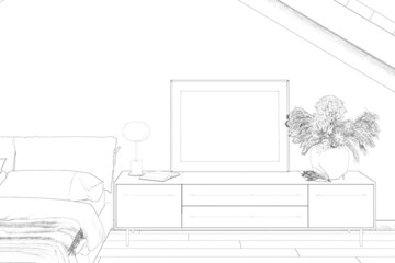 Sketch of the bedroom with horizontal poster, dried flowers vase, book, and lamp on a low bedside table next to a bed with an upholstered headboard, tiled floor, inclined beams. Front view. 3d render
