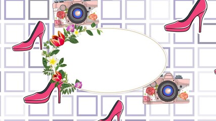 Animation of shoes and cameras icons on white background - Powered by Adobe