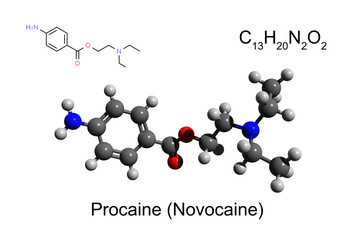 Chemical formula, skeletal formula and 3D ball-and-stick model of local ester anesthetic procaine (novocaine), white background