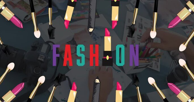 Animation of fashion text and items over fashion office
